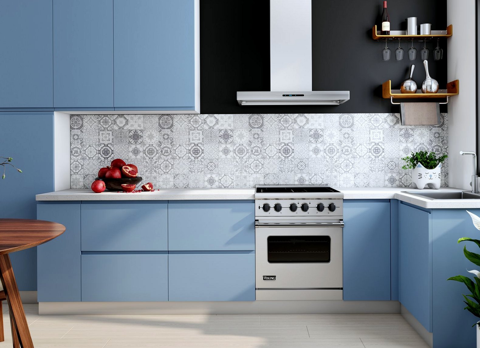 Blue fitted kitchen with a patterned tile splashback and white worktops